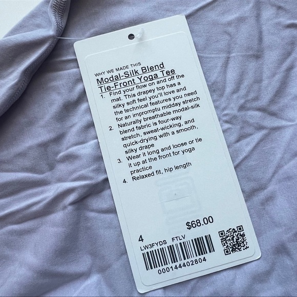 Lululemon Modal Silk Blend Tie Front Yoga Tee size 4 Faint Lavender FTLV - Picture 6 of 6